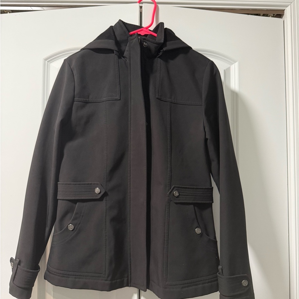 Weatherproof Black Women's Hooded Jacket with Rose Trim